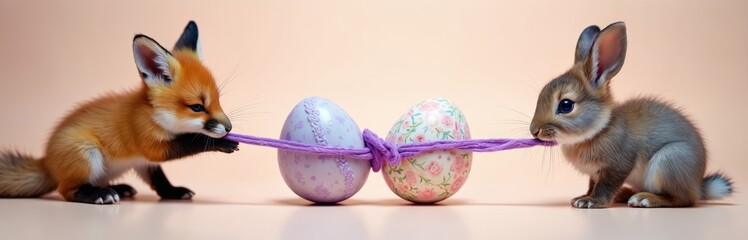 Obraz premium Small fox cub and bunny rabbit playfully tug on decorative Easter eggs with purple rope. Animals compete for colorful eggs in a fun game creating sweet spring holiday scene.