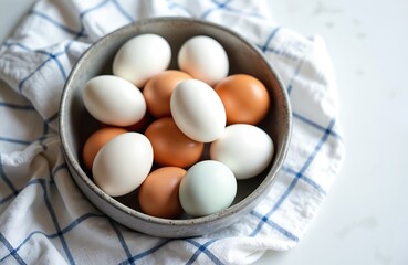 Photo of mixed color chicken eggs in ceramic bowl on checkered kitchen towel. Fresh brown and white eggs are shown. Concept of organic food products and natural nutrition. Healthy eating concept.