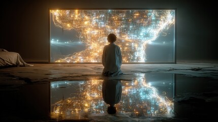 Person Contemplating Glowing Data Network Display