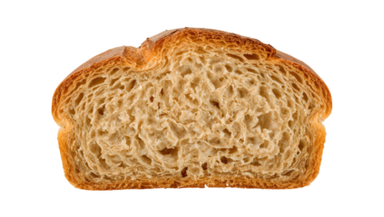 Fresh brioche bread slice isolated on the transparent background highlighting airy texture and golden crust for bakery, breakfast, and culinary concepts