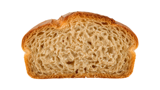 Fresh brioche bread slice isolated on the transparent background highlighting airy texture and golden crust for bakery, breakfast, and culinary concepts