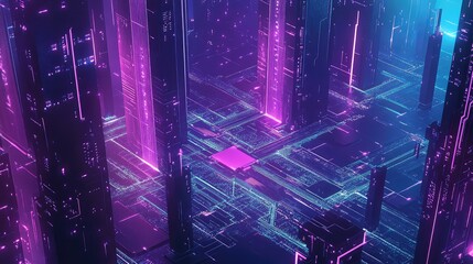 Digital cityscape with glowing circuit board architecture