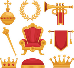 Royal icon set, golden crown, throne, scepter, laurel wreath, regal cushion, trumpet banner, ceremonial orb, monarchy symbols, vector illustration