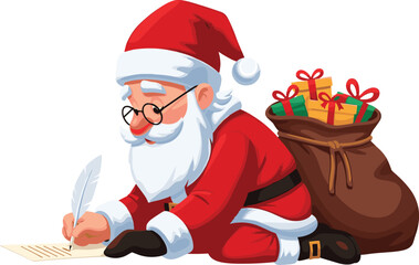 Santa Claus sitting, writing list, Christmas gifts, festive sack, holiday season, red suit, cheerful mood, winter celebration, traditional character, joy