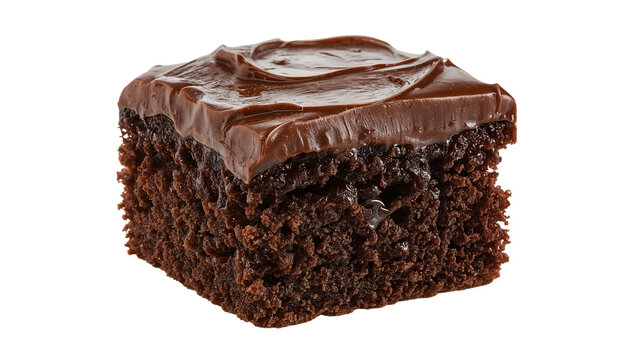 Rich moist chocolate cake square with creamy ganache frosting isolated on the transparent background