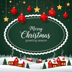 Vertical green Merry Christmas and Happy New Year greeting card banner in paper art style with snowy winter landscape, red village, forest scene, and copy space, Christmas / Winter Holiday