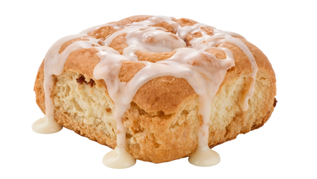 Fresh cinnamon roll with sweet icing drizzle isolated on the transparent background, delicious dessert pastry, homemade breakfast treat, bakery snack