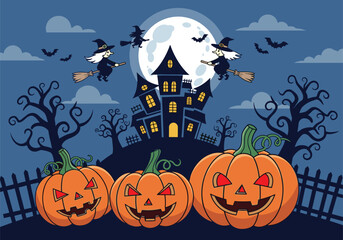 Spooky Halloween scene with haunted house, glowing pumpkins, flying witches, bats, and full moon in eerie nighttime illustration