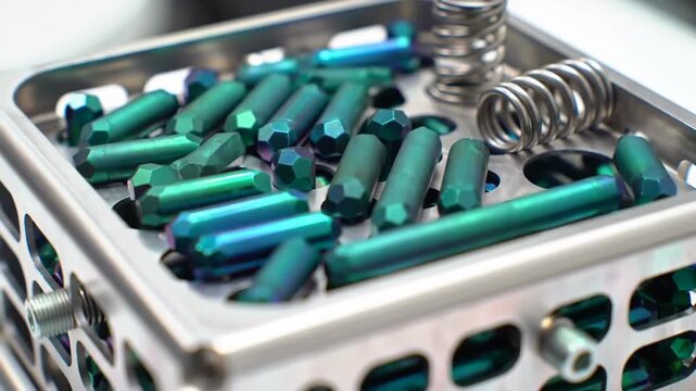 Close up shot shows a metal container filled with teal and purple anodized fasteners, alongside metal springs within a silver container. Industrial hardware details.