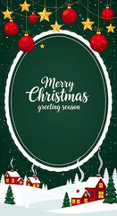 Vertical green Merry Christmas and Happy New Year greeting card banner in paper art style with snowy winter landscape, red village, forest scene, and copy space, Christmas / Winter Holiday