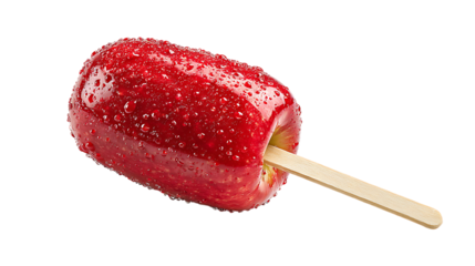 A red candy apple on a stick isolated on transparent background