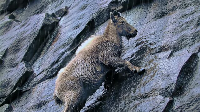 Ibex climbs rock face in mountain terrain, animal wildlife, nature, rocks, climbing, outdoors and mountain landscape.