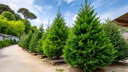 Fototapeta premium Christmas trees at outdoor tree farm for holiday sale