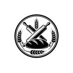 Bakery Emblem with Bread and Rolling Pins.