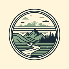 Circular Mountain Landscape with River and Forest Illustration.