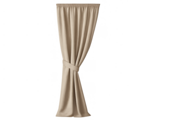 Beige curtain drawing light into the room, tied-back drapery, privacy solution for elegant home decor, transparent background