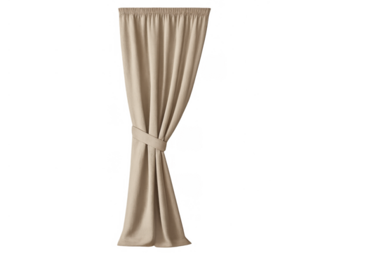 Beige curtain drawing light into the room, tied-back drapery, privacy solution for elegant home decor, transparent background