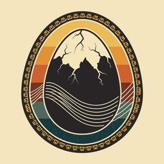 Cracked Dinosaur Egg in Retro Sunset Circle Design.