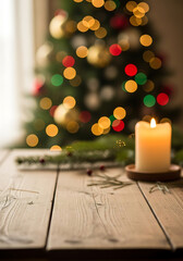 Bleached wood table top for your product presentation on deeply blurred Christmas fir tree lights interior background, Winter Holiday. Christmas & New Year Decor