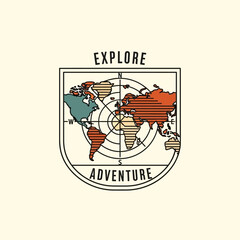 Explore Adventure vintage emblem with a stylized world map.