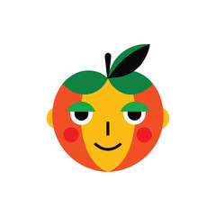 Abstract character design featuring a fruit head with a single leaf, illustrated using simple geometric shapes in a minimal flat art style