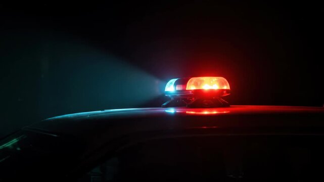 Flashing police lights at night on an emergency vehicle.