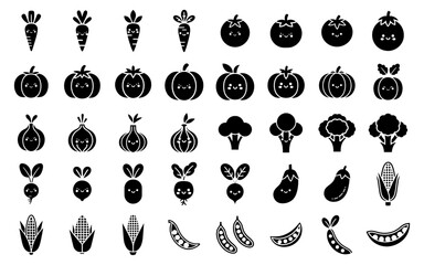 cute cartoon vegetables set with faces, including carrot, pumpkin, onion, broccoli, eggplant, corn, peas and radish. silhouette vector illustration