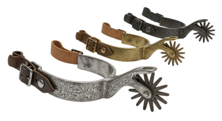 Four different styles of cowboy spurs isolated on transparent background, showcasing silver, gold, and black finishes
