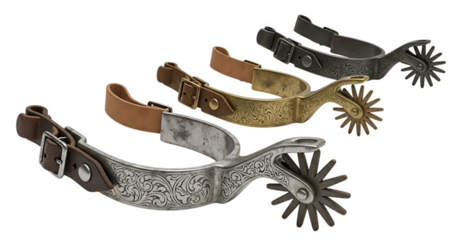 Four different styles of cowboy spurs isolated on transparent background, showcasing silver, gold, and black finishes