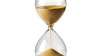 Hourglass with sand running through it isolated on transparent background, symbolizing the passage of time