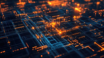 Digital circuit board with glowing orange data flow
