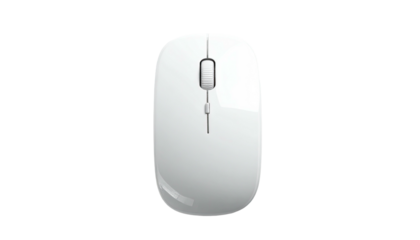 White, sleek mouse against a black background, top-down view