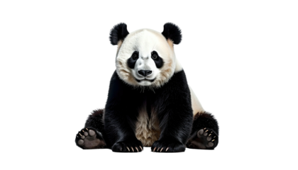 Panda bear sitting, black and white fur, staring forward
