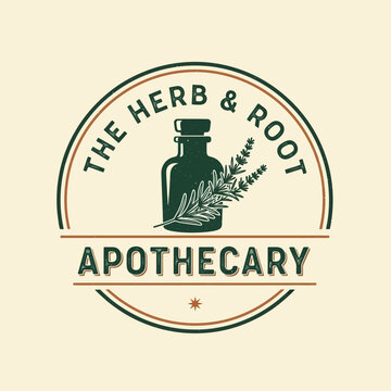 Logo featuring a vintage apothecary bottle with herbs, encircled by The Herb  Root Apothecary text.