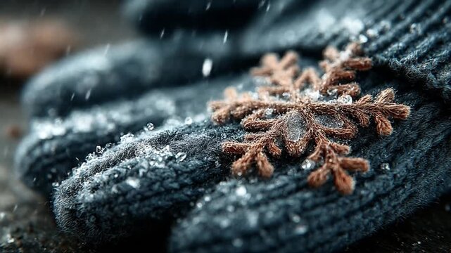 Close up of snowflake on a winter mitten frosty texture in the sunlight