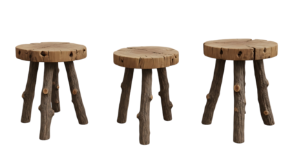 Three rustic wooden stools made from tree branches isolated on transparent background, adding a touch of nature indoors