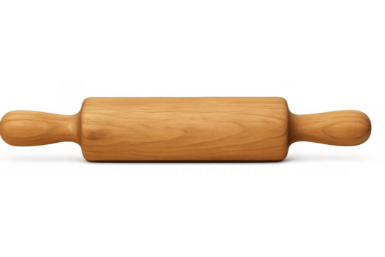 Wooden rolling pin with handles, kitchen tool for baking and cooking dough, preparing pastries, transparent background