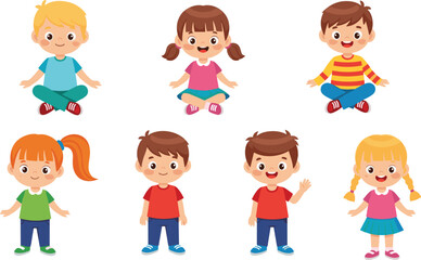 Cartoon children group, sitting and standing kids, diverse outfits, cheerful expressions, colorful illustration, educational content, character design, playful scene, childhood moment