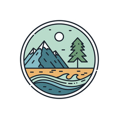 Minimalist Mountain and Ocean Landscape with Pine Tree and Sun.