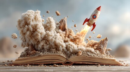 Rocket launching from a book labeled stages of innovation in tech startup themes