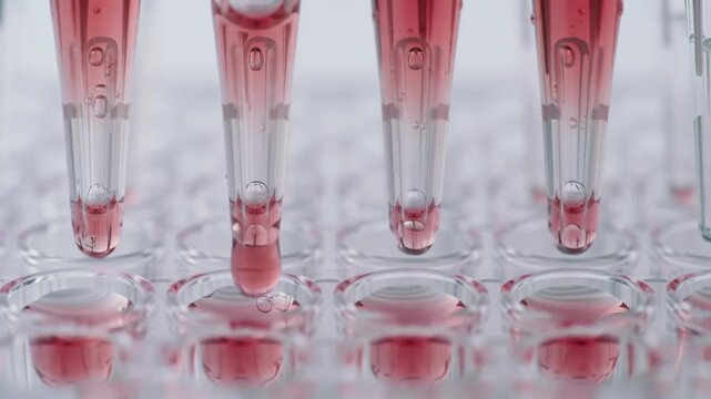 A close up shot focusing on the process of dispensing red liquid into clear microplate wells, set against a clean white background in a laboratory setting