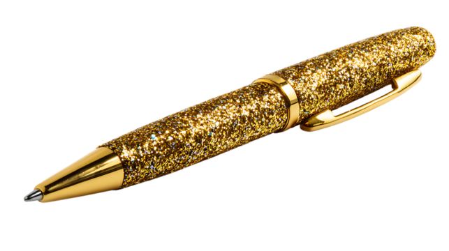 Elegant golden pen isolated on transparent background with glittery design
