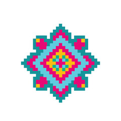 A vibrant pixel art mandala in a colorful geometric star shape, isolated vector illustration of a mini folk pattern for digital design