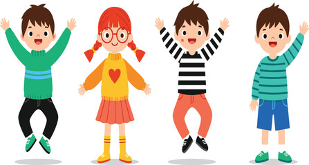 Cartoon children raising arms in joyful pose, colorful outfits, diverse fashion styles, cheerful expressions, kids character design vector illustration concept