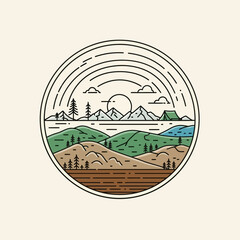 Scenic mountain landscape with a camping tent and a beautiful sunset view.