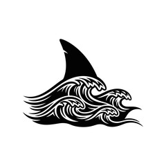 Shark Fin and Ocean Waves Black and White Illustration.