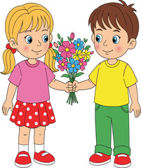 Cartoon children smiling, holding flowers, friendship illustration, happy kids, bouquet, colorful drawing, cheerful moment, cute characters, spring celebration, joy