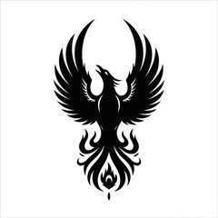 Stylized black phoenix silhouette rising from flames icon.