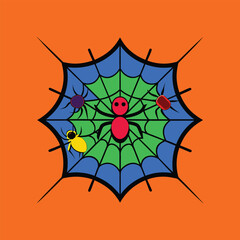 A vibrant and bold illustration of a spiderweb with a geometric, Aztec-inspired circular pattern, featuring a central red spider and other colorful bugs on a festive orange background for Halloween