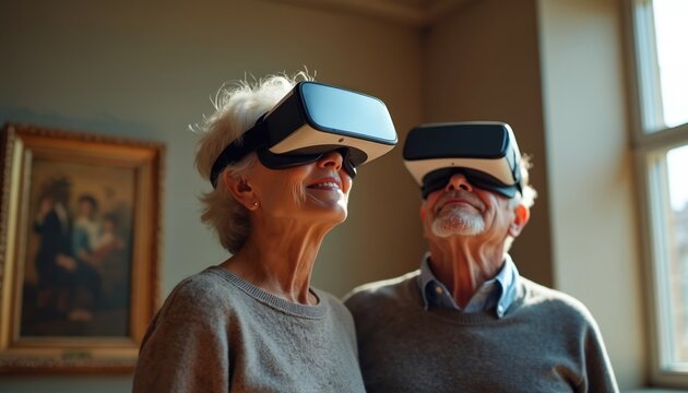 Elderly couple wearing VR headsets in art museum. Senior man and woman experiencing virtual reality together. Older adults using modern tech for entertainment and education.